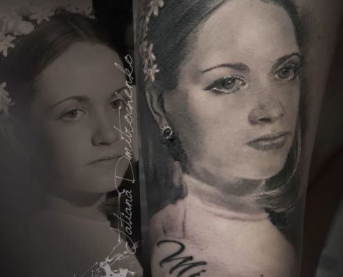tatuaje realista de retrato novia valencia blanco y negro